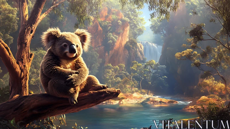 Koala rests on sunlit branch above tranquil waterfall gorge.