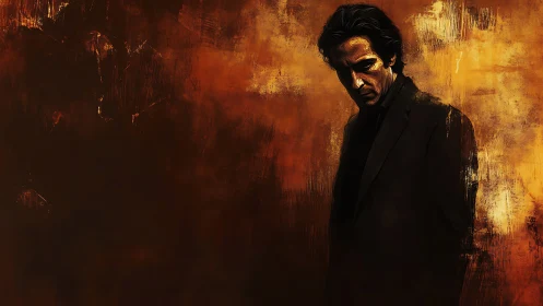 Brooding man in suit against textured burnt ochre wall.