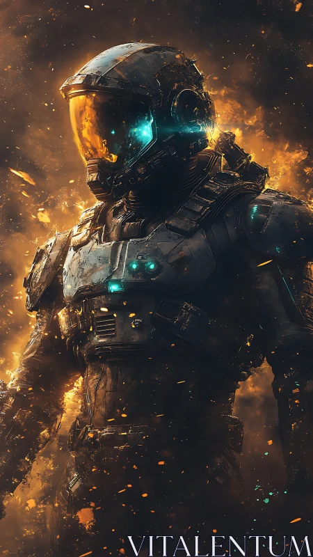 Battle-scarred space marine in volatile ember storm environment.