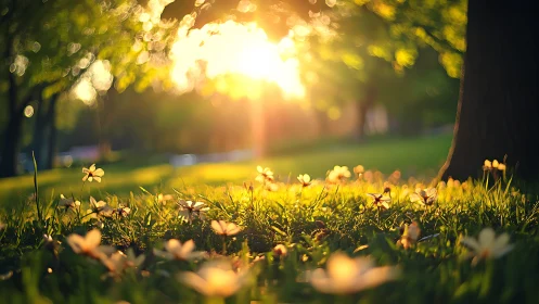 Backlit wildflowers in warm sunset park landscape.