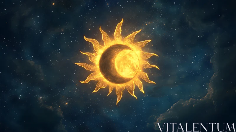 Celestial eclipse merges molten sun and shadowed moon