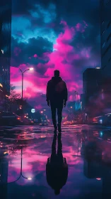 Silhouette on wet city street under neon magenta blue sky.