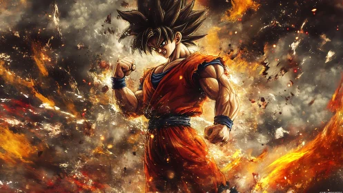 Fiery anime warrior in explosive, high-contrast battle aura.