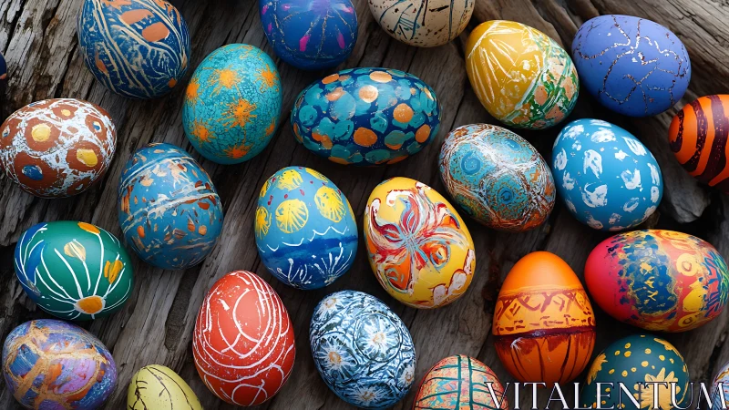 Vibrant hand-painted Easter eggs on rustic driftwood surface.