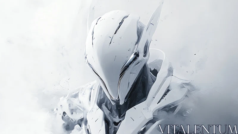 Cybernetic white exosuit android rendered in ethereal haze