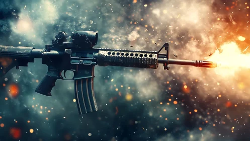 AR-15 Platform Rifle with Tactical Optics. Tactical Gunfire Composition.