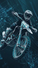 Neon trail rider rockets through a glitching data skyline.