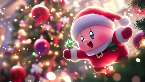 Kirby in Santa costume is positioned before decorated tree