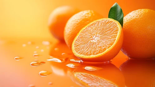 Juicy orange halves on glossy citrus surface in studio light.