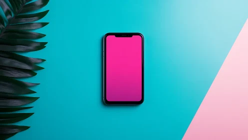 Smartphone mockup with magenta display on split color background.