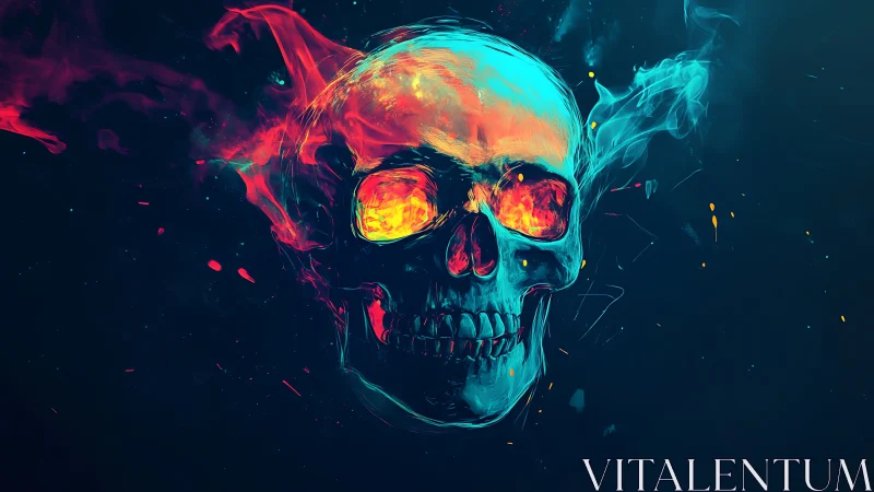 Neon skull burns with molten eyes in dark abstract void