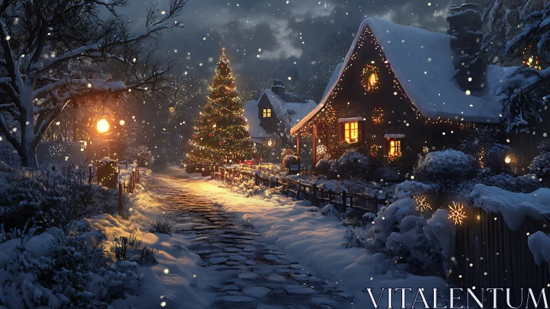 Snowlit cottage lane crowned by a glowing Christmas tree.
