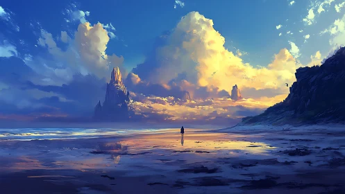 Solitary wanderer crossing luminous fantasy shoreline.