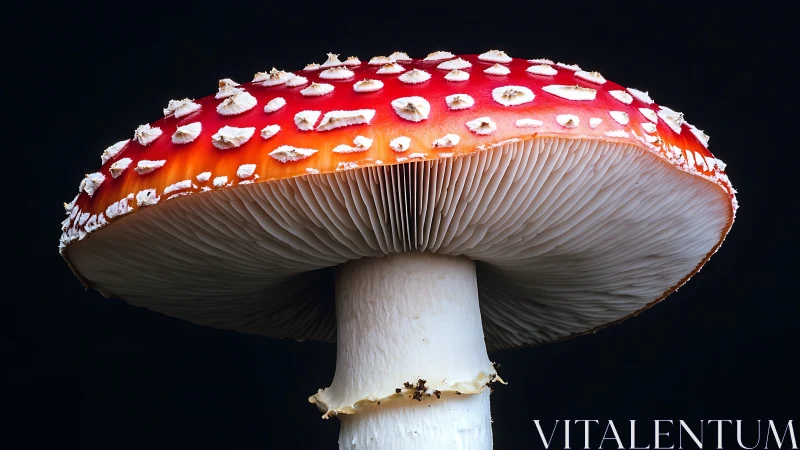 Fly agaric mushroom close-up with red cap and gills.