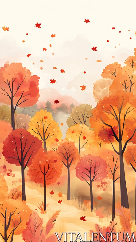 Atmospheric Autumn Landscape with Chromatic Tree Silhouettes.