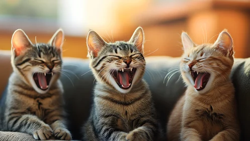Three Cats Laughing Together on the Couch.