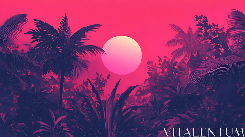 Neon tropical sunset landscape in saturated digital painting style.