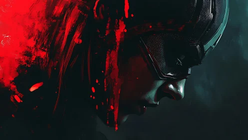 Blood-red echoes fall across a brooding masked warrior