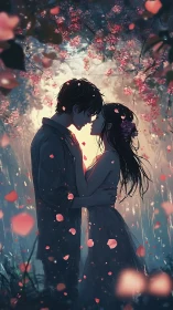 Silhouetted Couple with Floral Elements Under Luminous Backdrop