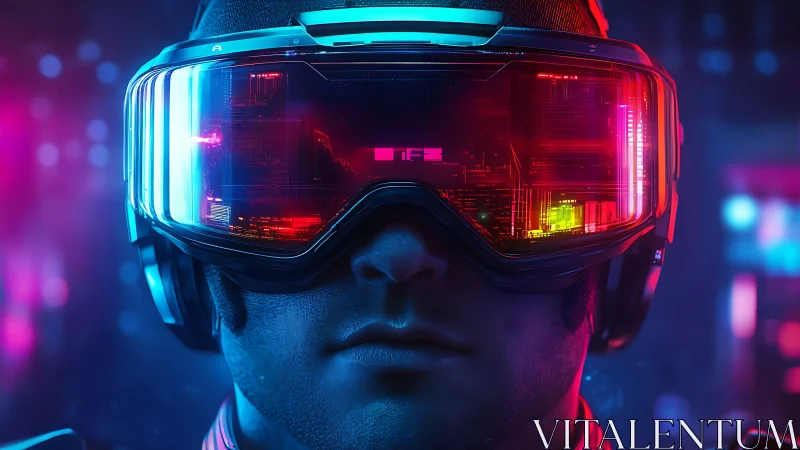Neon visor swallows a city of code in mirrored silence
