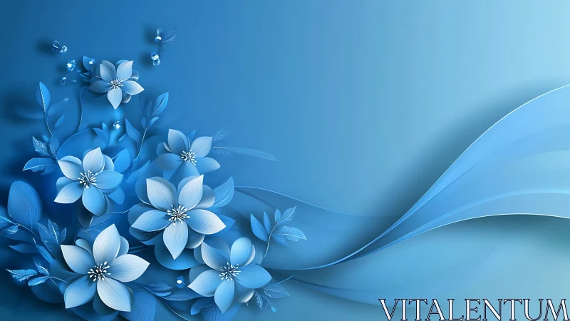Blue Flowers with Flowing Wave Design on Gradient Background