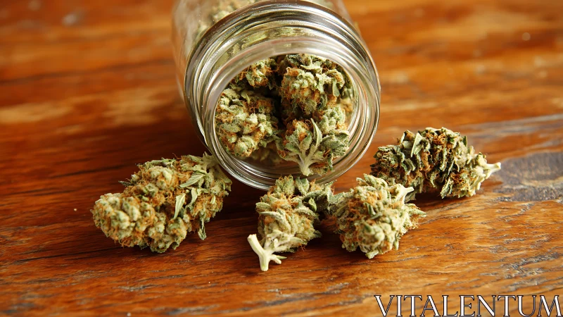 Loose cannabis buds tumble gently from a clear glass jar