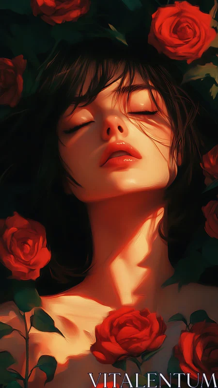 Digital portrait shows closed‑eye woman framed by red roses
