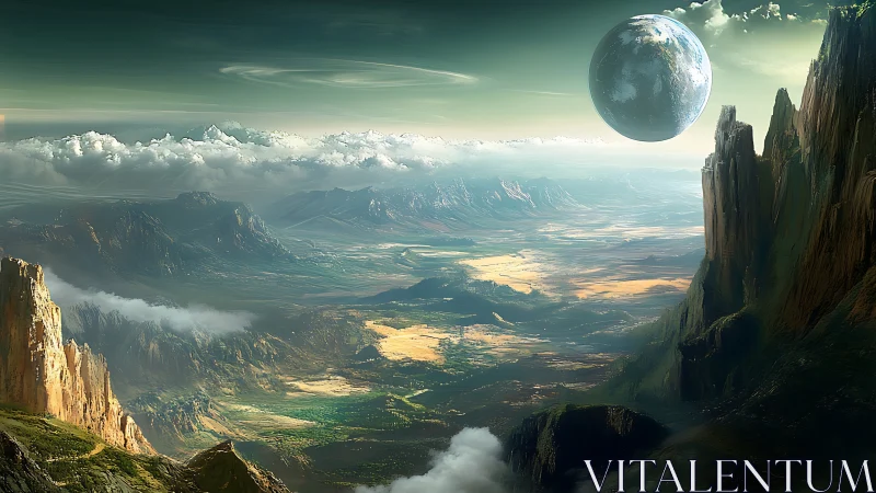 Alien valley under towering cliffs with distant blue planet