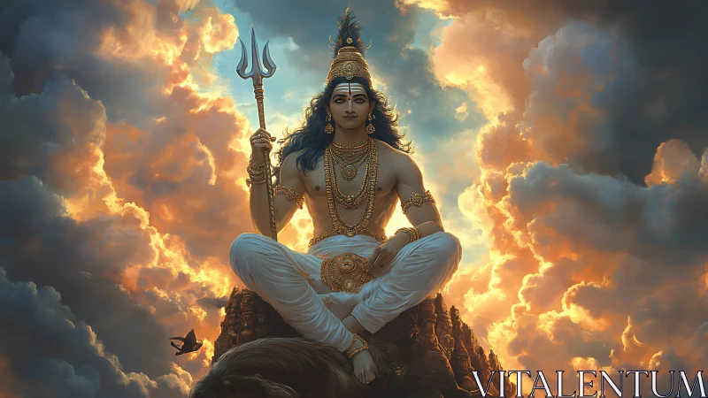 Divine figure seated on rocky peak amid glowing storm clouds