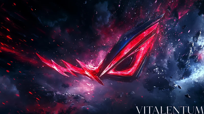 Neon crimson emblem slicing through cosmic stormfield.
