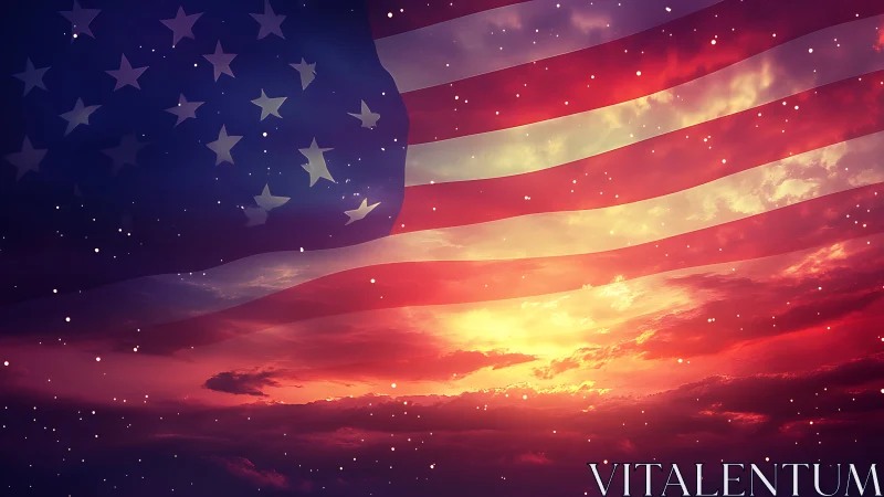 United States flag overlay on sunset sky with light particles.