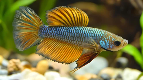 Gilded betta dragon gliding through jeweled aquarium light.