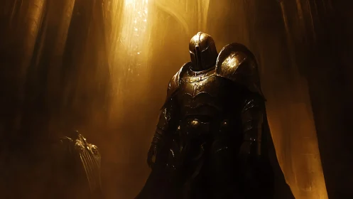 Lone armored knight stands beneath a burning golden light