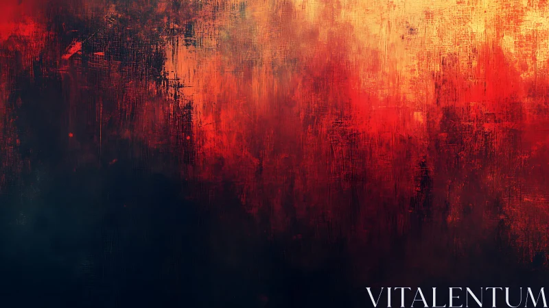 Fiery abstract textured painting with warm red and orange hues.