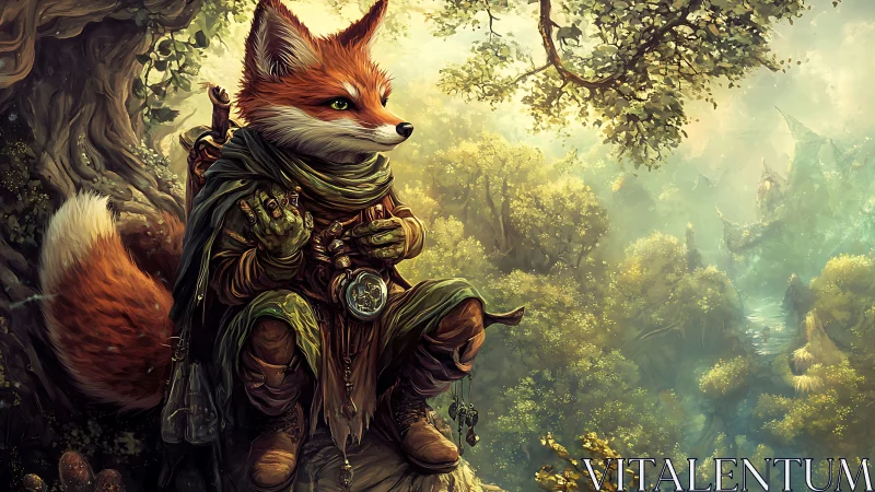 Fox adventurer scout resting above lush fantasy forest.