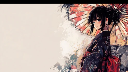 Kimono dusk muse beneath a weathered crimson parasol.