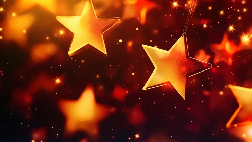 Luminous golden star ornaments in shallow depth festive bokeh