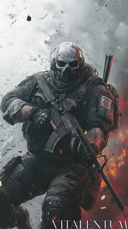 Tactical skull-masked operator in split-flame combat tableau.
