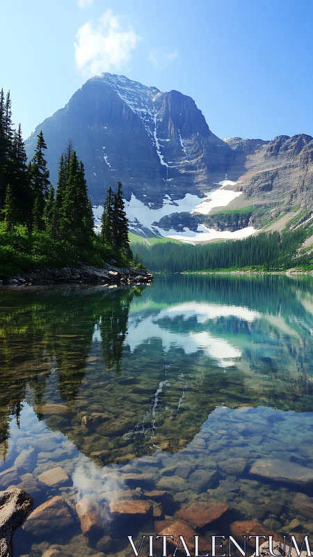 Snow-capped mountain mirrors in crystal alpine lake tranquility