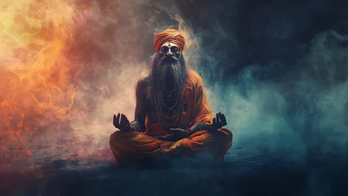 Mystic yogi meditates amid dual-toned elemental smoke clouds