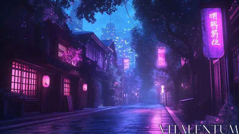 Neon-lit alleyway with cyberpunk lantern glow and wet stone path.