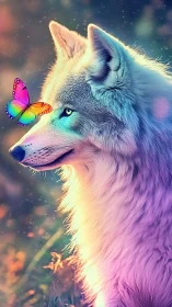 Iridescent wolf and rainbow butterfly in dreamy glow.