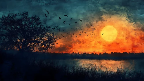 Dramatic marshland sunset with silhouetted tree and birds in flight