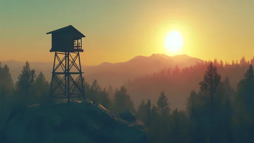 Wooden lookout tower silhouetted against volumetric sunrise haze