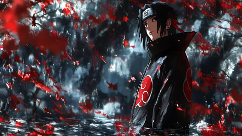 Brooding ninja in scarlet leaves and rain-soaked twilight.