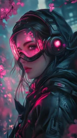 Female figure in visor and headset under neon foliage.