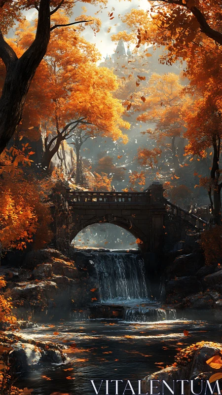 Golden forest bridge over a quiet, storybook waterfall.
