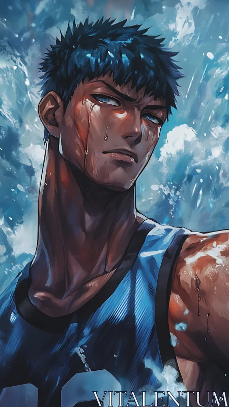 Hyperreal anime athlete under dynamic splash lighting field.