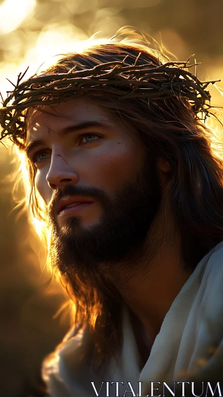 Cinematic close-up portrait of bearded man with thorn crown