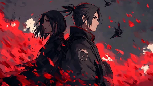 Dual warrior profiles in crimson fragmented stormscape.